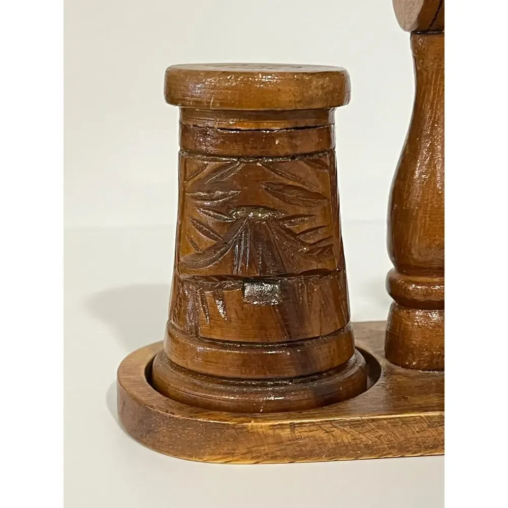 Vintage Hawaii Hardwoods Monkeypod Wood Salt Pepper Shaker Set‎ w Caddy Tiki MCM